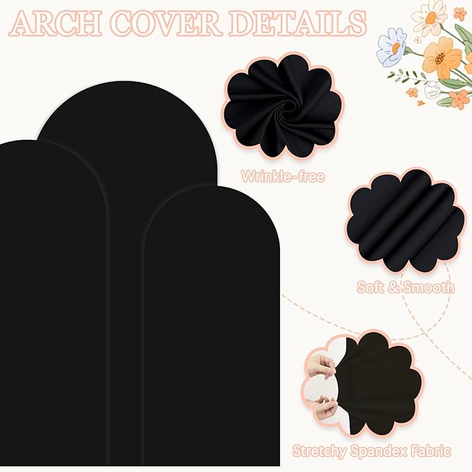 Metal Arch Stand and Cover Set 7.2FT, 6.6FT, 6FT Balloon Wedding Arch Frame with Black Spandex Wedding Arches Cover Set of 3 Chiara Backdrop Stand for Parties Birthday Baby Shower Decor