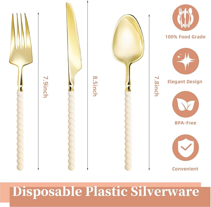 150 Pcs Gold Plastic Silverware,Gold Plastic Utensils with Ivory Beads Handle,Fancy Disposable Cutlery Set Include 50 Forks 50 Knives 50 Spoons for Party & Wedding