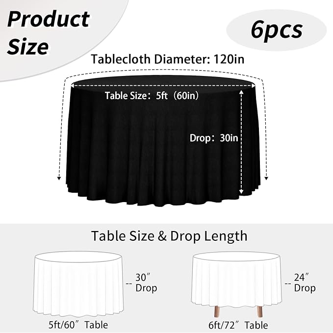 Fixwal 120 Inch Black Round Tablecloth, 6 Pack Round Table Cloth Polyester Fabric Washable Table Covers for New Year Decorations, Party, Banquet, Dining, Birthday Events