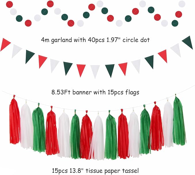 Red-Green White Christmas Party-Decorations - 33pcs Banner,Mexico Italy Streamers Tassel Garland,Tissue Pom Poms Honeycomb,Paper Lantern Fans,Mexican Italian Birthday Wedding Baby Shower Decor Hugtmr