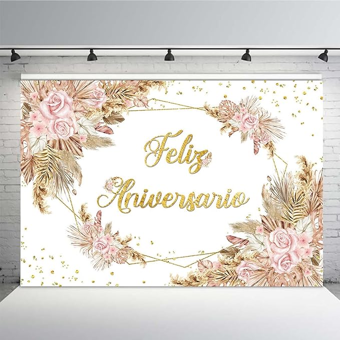 MEHOFOND 7x5ft Boho Feliz Aniversario Backdrop Mr and Mrs Engagement Banner Bohemia Happy Anniversary Wedding Valentines Decorations Blush Pink Floral Photography Background Studio Props