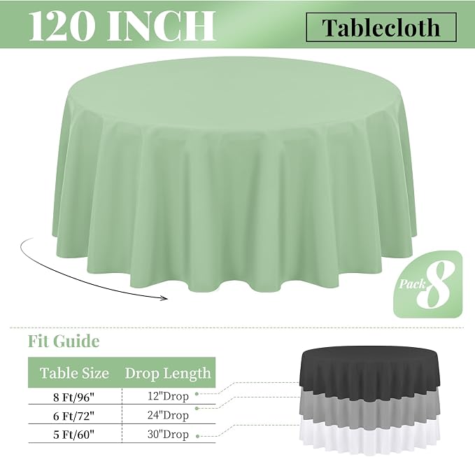 fani 8 Pack Polyester Round Tablecloth 120 Inch Sage Green Circular Tables Cloth, Stain and Wrinkle Resistant Washable Round Table Cover for Wedding Party Kitchen Dining Table Buffet Parties Camping