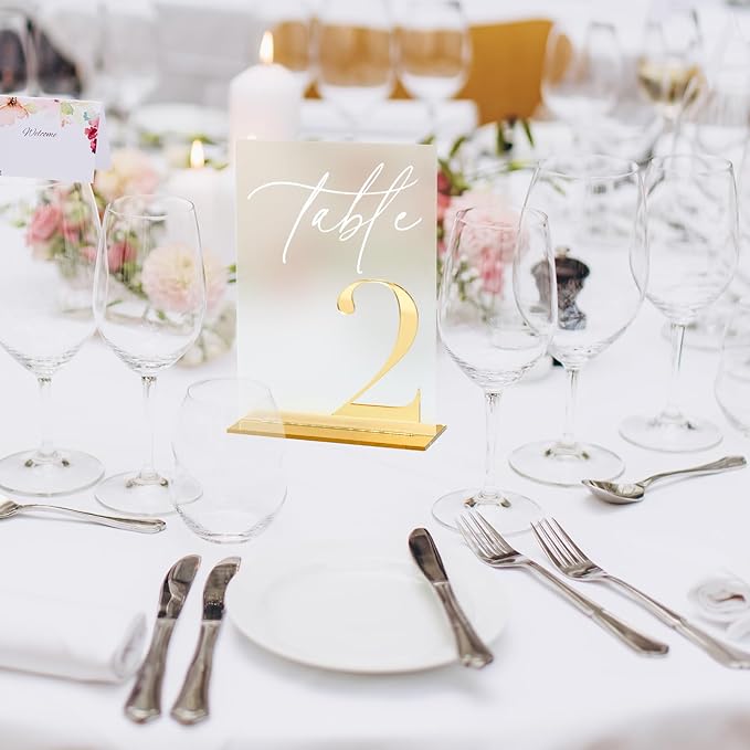 Acrylic Wedding Table Numbers 1-10 with Stands, 5"x7" Frosted Acrylic Place Cards with 3D Gold Mirror Numbers, Frosted and Gold 3D Table Numbers for Wedding Reception, Anniversary, Event