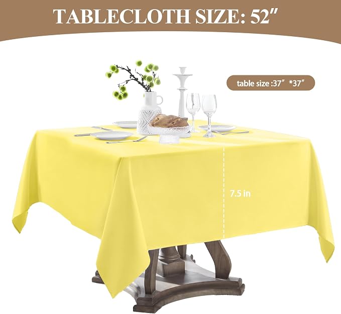 Square Tablecloth 52 x 52 Inch Yellow Tablecloths Stain-Wrinkle Resistant Washable Polyester Table Cloths for Holiday, Buffet Parties, and Weddinge 6pack