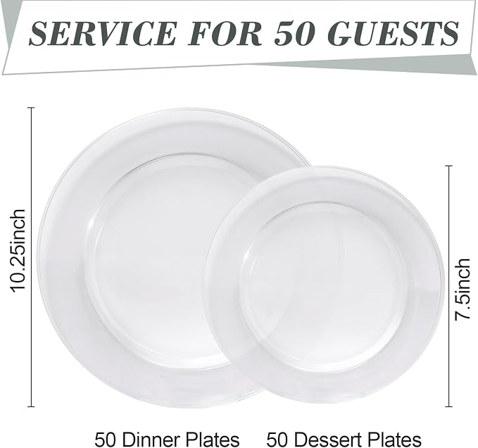 Bestluck 100PCS Clear Plastic Plates, Clear Disposable Plates for 50 Guests, 50 Dinner Plates 10.25 inch & 50 Dessert Plates 7.5 inch for Party, Graduation, Wedding