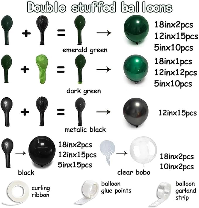 Black Green Balloon Garland Double Stuffed Dark Emerald Green Balloons Clear Bobo Metallic Black Balloon Arch Kit for Graduation Baby Shower Birthday Bridal Shower Graduation Party Decorations