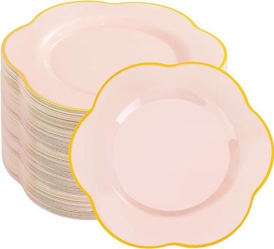 Liacere 100PCS Pink Plastic Dessert Plates - 7inch Disposable Floral Pink with Gold Rim Cake/Salad/Appetizer Small Plates - Perfect for Wedding & Party & Baby Show & Mothers Day