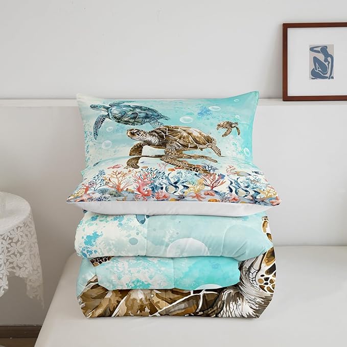 Feelyou Sea Turtle Comforter Set Queen Size Kids Reptile Tortoise Comforter for Boys Girls Teens Ocean Marine Themed Bedding Set Underwater Animal Pattern Duvet Set Summer Quilt