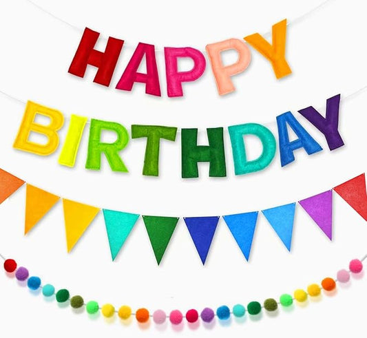 Pre-Strung 3D Happy Birthday Banner-Felt Happy Birthday Decorations Ball Garland Pennant Flag Reusable Rainbow Birthday Decorations Multicolor Rainbow Bunting String Triangle Flags Birthday Party Decor