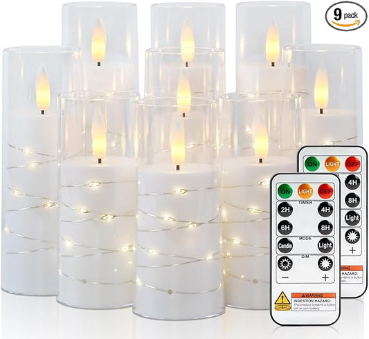 Raycare Flameless Candle with Remote Timer – 9 Flickering Acrylic Battery Operated LED Pillar Candles with Embedded Star String for Christmas, Wedding, Home Table Decor, and as a Gift (White)
