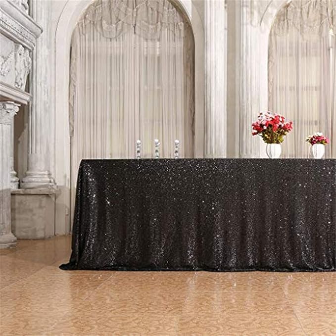Eternal Beauty Black Tablecloth, 90x156 Inch Sequin Rectangle Table Cover for Cake Dessert Exhibition Party Birthday Events