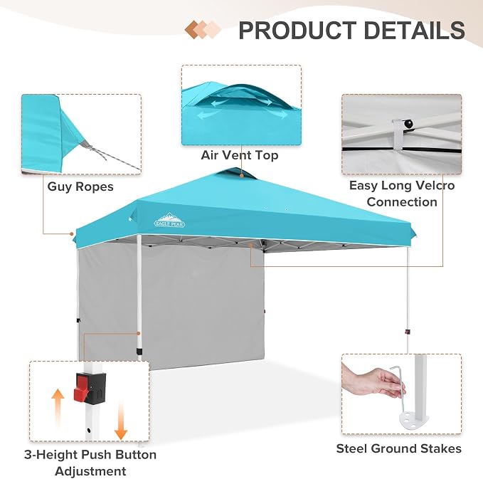 EAGLE PEAK Commercial Canopy 12x12 Pop Up Canopy Tent with 1 Sidewall, Easy Setup Heavy Duty Instant Event Shelter for Vendors & Markets, Outdoor Sun Shade, Light Blue