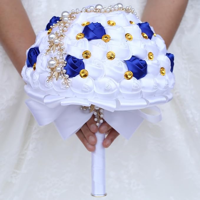 Bridal Wedding Bouquet with Golden Rhinestone Brooch Bouquet for Bride Bridesmaid Quinceanera Satin Rose Flower Bouquet Wedding Royal Blue and White 7.1in