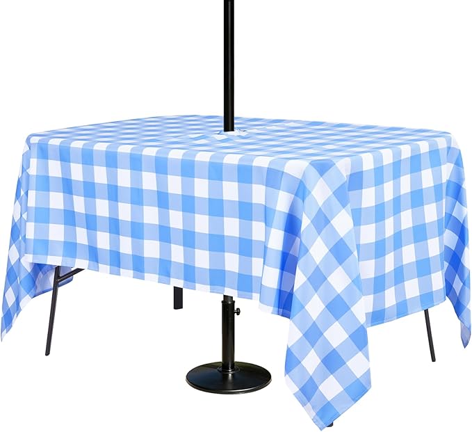 Poise3EHome Rectangle Outdoor Tablecloth with Umbrella Hole and Zipper,Blue Gingham 104x60 Inch,Polyester SpillProof Washable Table Cloth for Spring Summer Patio Garden Poolside Picnic Camping BBQS