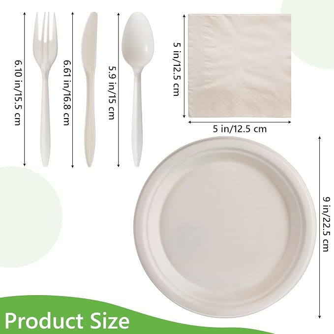 500Pcs Compostable Paper Plates Set Party Supplies Severs 100 Guests Disposable Party Plates Heavy-duty Utensil Disposable Party Plate Fork Knives Spoon Napkin Dinnerware for Birthday Wedding Camping