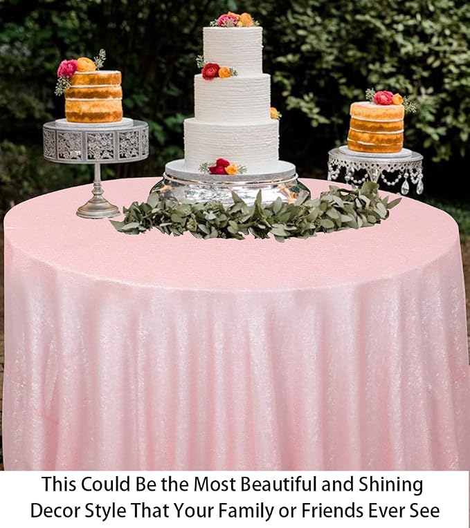 ShiDianYi Sequin Tablecloth Round 72-Inch Pink Table Cloths Glitter Sequence Tablecloth Overlay Baby Pink Round Table Cover for Wedding/Birthday Cake Decor