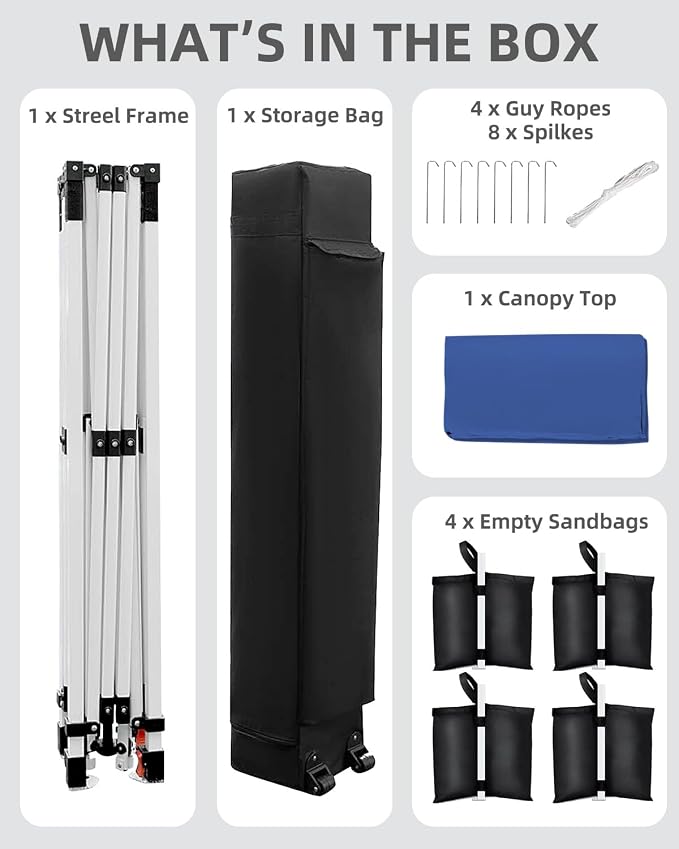 10x10 Pop Up Canopy with One Button Push Setup - Heavy Duty Outdoor Canopy Tent with Portable Roller Bag - 3 Adjustable Height, 4 Weight Bags, 8 Stakes & 4 Guy Ropes Included, Blue
