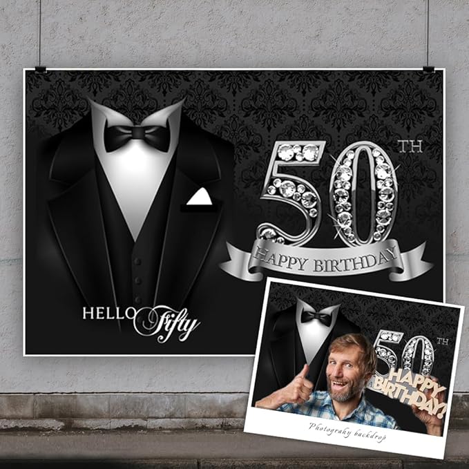 8x6ft Photography Backdrop for Man 50th Birthday Party Decor Black Necktie Suit Tuxedo Silver Diamonds 50th Happy Birthday Background Luxury Hello Fifty Birthday Party Cake Table Banner