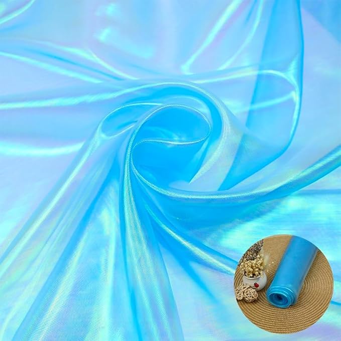 Sky Blue Iridescent Organza Fabric for Wedding & Halloween, 11 Yard Long, 59-Inch Wide, Perfect for DIY, Photography Scene Arrangement, and Personalized Clothing Production