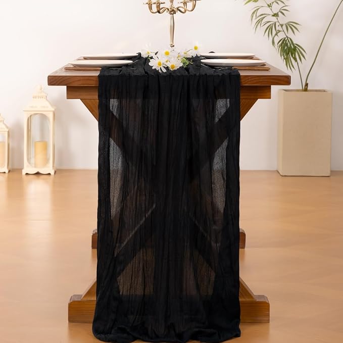 Socomi 10pcs Black Cheesecloth Table Runner Boho Rustic Gauze Summer 120 inch 10FT Cheese Cloth Sheer Runner for Wedding Party Baby Shower Birthday Home Decor Holiday Decorations