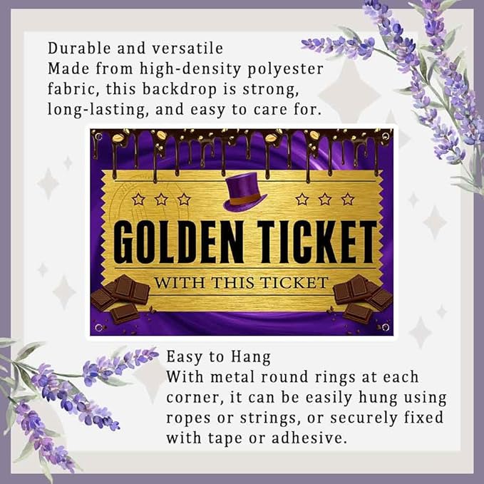6x4FT Golden Ticket Banner Chocolate Factory Backdrop Purple Chocolate Factoy Kids Birthday Party Background for Adults Kids Birthday Baby Shower Party Decorations Supplies TAYHBDJ106