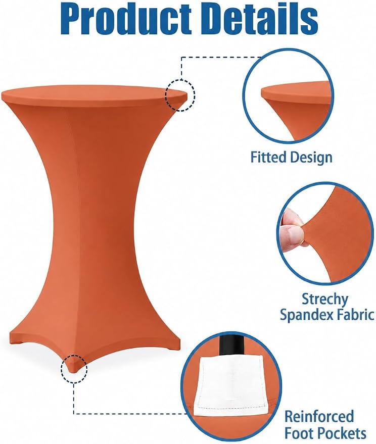Cocktail Table Covers - 6 Pack 32x43 Inch Table Cloth - Orange Fitted Stretch Spandex Round High Top Tablecloth for Party, Bar, Birthday, Pub, Banquet