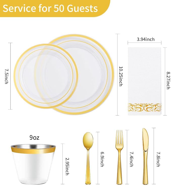 Goodluck 350 Pieces Clear Gold Dinnerware Set for 50 Guests, Plastic Plates Disposable for Party, Include 50 Gold Dinner Plates, 50 Dessert Plates, 50 Paper Napkins, 50 Cups, 50 Gold Silverware Set