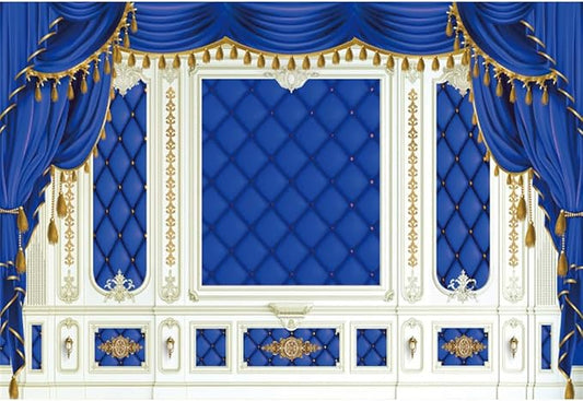 10x8ft Royal Blue Prince Birthday Backdrop Blue and Gold Curtains Photography Background for Newborn Baby Shower Boys Birthday Party Decoration Supplies Cake Table Banner Photo Booth Props