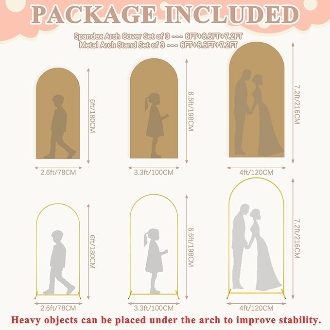 Metal Arch Backdrop Stand and Cover Set of 3 (7.2FT, 6.6FT, 6FT) Balloon Wedding Arches with Backdrops Covers Spandex Chiara Backdrop Stands for Parties Brown Arch Stand Cover for Birthday