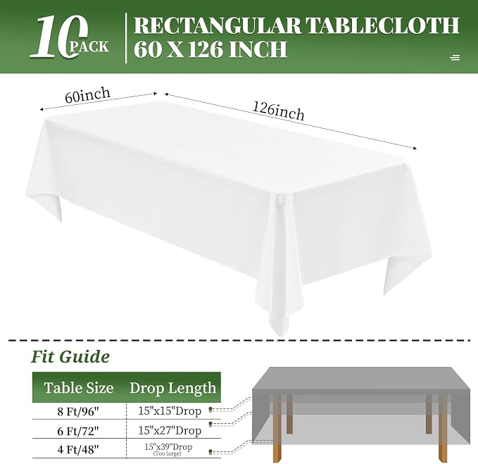 10 Pack White Tablecloth 60x126 Inch White Table Clothes for 8 Foot Rectangle Tables Stain and Wrinkle Resistant Washable Polyester Fabric White Table Cloth for Parties Wedding Banquet Dining