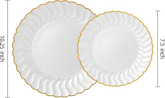Lullaby 60PCS Pearl White Scalloped Plastic Plates with Gold Rim, Disposable Elegant Plates Include 30pcs Dinner Plate 10.25", 30pcs Dessert Plate 7.5", Perfect for Daily Use, Wedding and Party