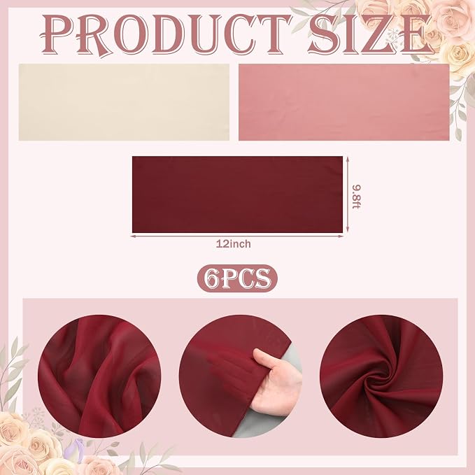 Boao 6 Pcs Burgundy Party Decorations Table Runner Cloth 10Ft Boho Sheer Rustic Fabric for Wedding Birthday Party Baby Bridal Shower Graduation Dawn Sunset Decor