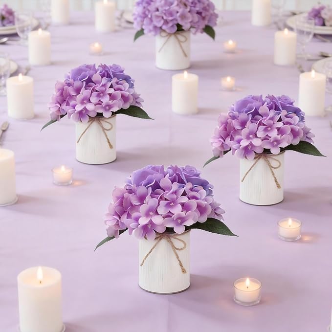 Flower Table Centerpieces - Set of 6 Floral Arrangement Artificial Wedding Hydrangeas Floral Arrangement with Rustic Metal Vase for Bridal Tea Party Event Decorations - Purple