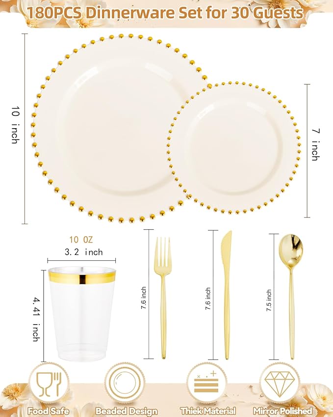 supernal 180pcs Ivory and Gold Dinnerware Set,Elegant Heavy Duty Ivory Plastic Plates with Gold Beads,Disposable Plates with Plastic Silverware and 10oz Cups for Wedding/Party/Valentine's Day