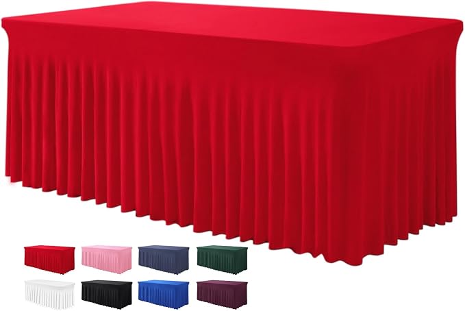 BDDC One-Piece Spandex Table Cover Skirt for 6FT Rectangle Tables | GRS-Certified Eco-Friendly Fabric, Elastic Fitted Ruffle Tablecloth, Washable, For Banquets, Weddings & Parties