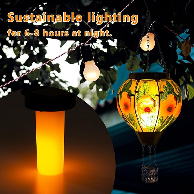 STARSOUL Hummingbird Solar Hot Air Balloon Lantern with Flickering Flame, Hanging Solar Lantern Outdoor Waterproof, Hot Air Balloon Solar Light Decorations for Garden Yard Lawn Porch Porch Backyard