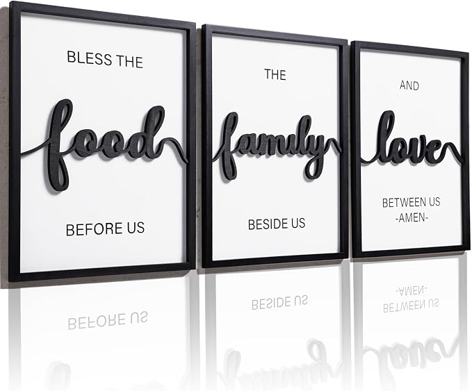 3D Wood Bless The Food Before Us Wall Decor, 36" x 16" Framed Kitchen Wall Art for Dining Room Wall Decor(Ready to Hang, 12x16 inches, Set of 3, Framed)