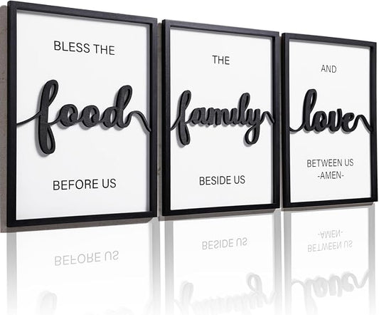 3D Wood Bless The Food Before Us Wall Decor, 36" x 16" Framed Kitchen Wall Art for Dining Room Wall Decor(Ready to Hang, 12x16 inches, Set of 3, Framed)