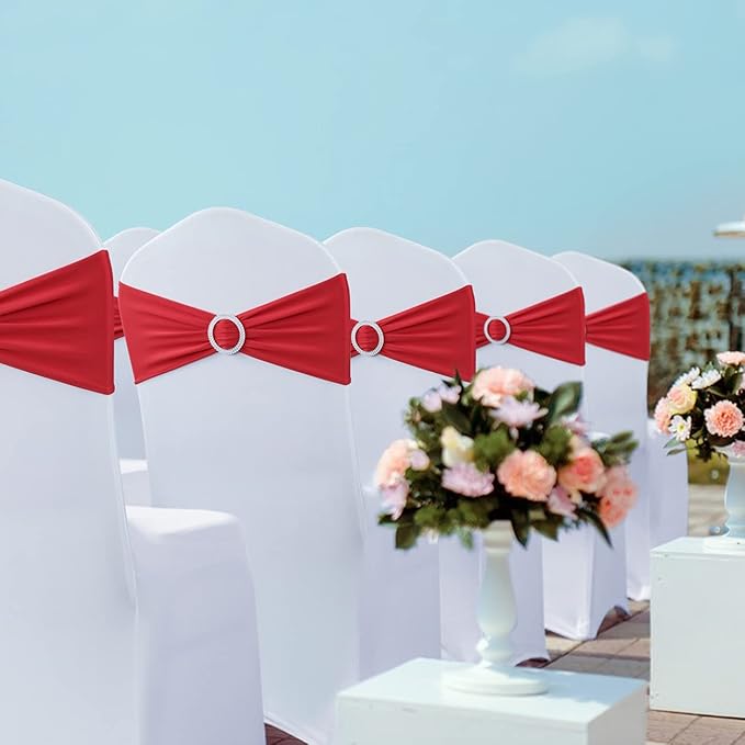 Spandex Chair Sashes - Babenest 100PCS Premium Stretch Chair Cover Band with Buckle Slider Universal Elastic Ties for Wedding Party Ceremony Reception Banquet Decoration (Red)