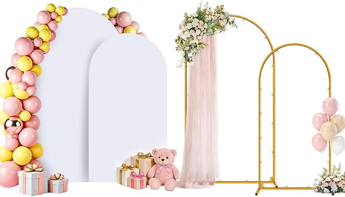 Arch Backdrop Stand and Cover Set of 2 Wedding Metal Arch Stand with Arch Cover White 7.2FT, 6FT for Wedding Party Bridal Baby Shower Birthday Ceremony Event Decor