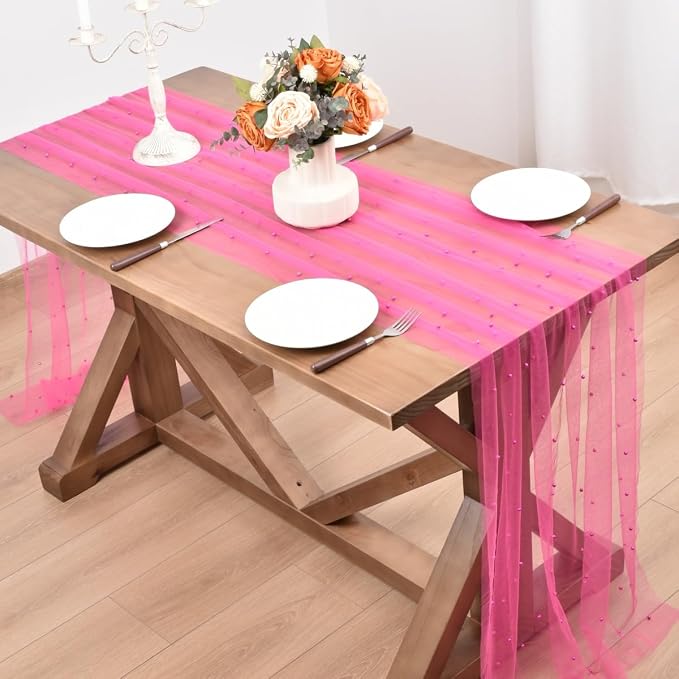 Fuschia Pearl Table Runner Boho Rustic Tulle Lace Dining Baby Shower Wedding Arch Decor Veil Dessert Holiday Centerpiece Table Decor