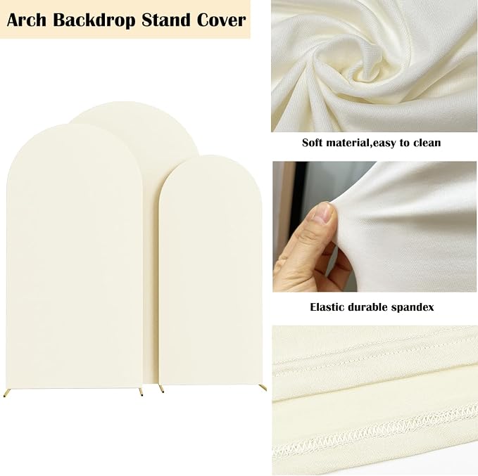 HAINARverS Set of 3 Wedding Arch Cover 6FT,6.6FT,7.2FT Spandex Fitted Stretchy Arch Stand Covers,2 Sided Round Top Chiara Backdrop Cover for Birthday Party Banquet Baby Shower Arch Decoration(Ivory)