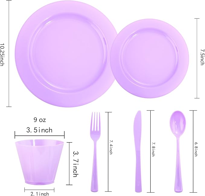 KIRE 150 PCS Purple Plastic Plates - Purple Dinnerware Set Disposable 25 Dinner & 25 Salad Plates 25Forks 25Knives 25Spoons 25Clear Cups for Birthday/Baby Shower/Easter/Spring