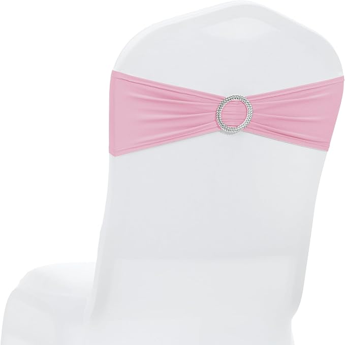 MDS Pack of 10 Spandex Chair Sashes Bow Premium Stretch Chair Cover Band with Buckle Slider Universal fits Elastic Dining Chair Ties for Wedding Party Banquet Events Decoration - Pink