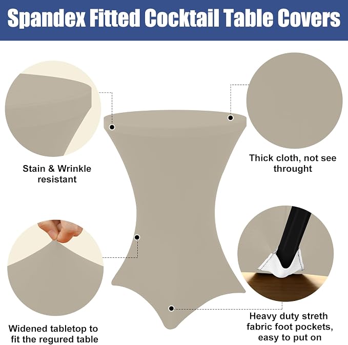 Moosfor Spandex Cocktail Table Covers 4 Pack, Elastic Fitted Stretch Table Cloth, Round High Top Tablecloths for Bar, Party, Pub, Wedding & Banquet (Taupe, 32x43 Inch)