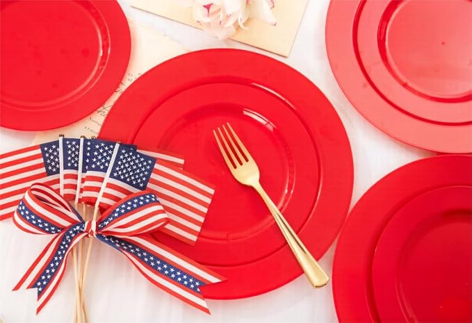 FLOWERCAT 60PCS Red Plastic Plates - Heavy Duty Red Plates Disposable for Party - Include 30PCS 10.25inch and 30PCS 7.5inch for 30 guests Birthday Party & Events &4th of July