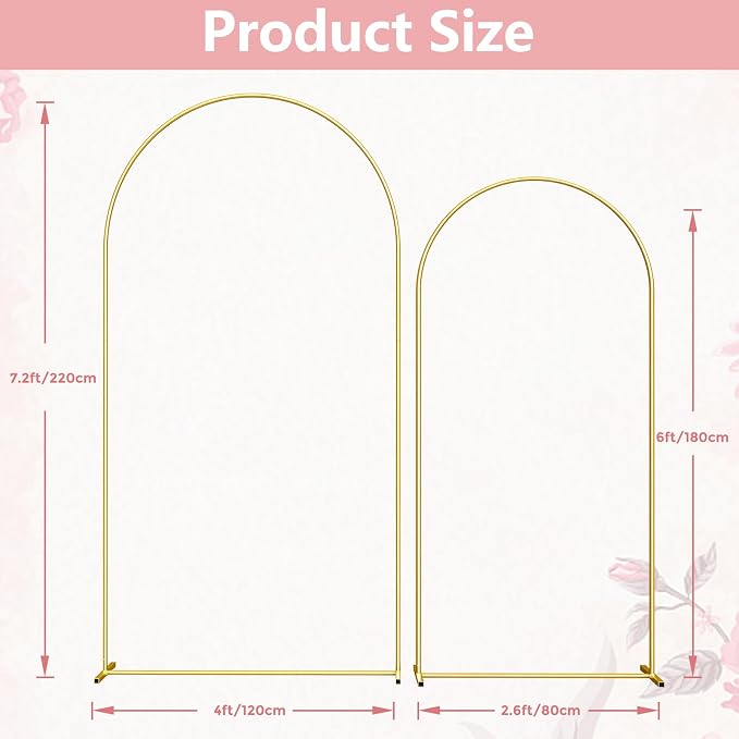 Metal Arch Backdrop Stand, 7.2FT+6FT Wedding Arch Frame, Gold Wedding Arch Backdrop Stand Set of 2, Balloon Arch Backdrop for Wedding Birthday Party Baby Shower Graduation Ceremony