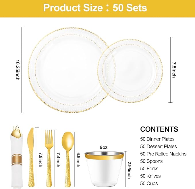 Bestluck 350PCS Clear Plastic Plates with Gold Trim for 50 Guests, Disposable Dinnerware Set for Party & Wedding, Includes 100 Plastic Plates, 50 Pre Rolled Napkins with Gold Silverware, 50 Cups