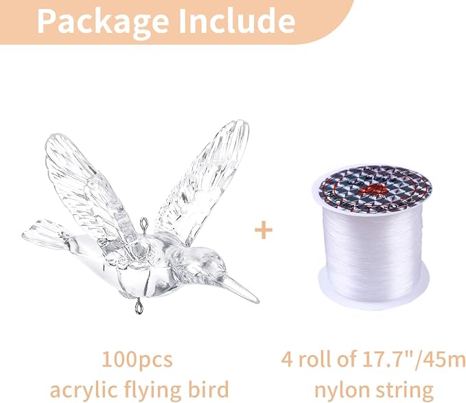 NUPTIO Crystal Ceiling Hanging Ornaments, Acrylic Flying Birds, 100 Pcs | Clear Hummingbird Decor with Transparent Line for Christmas Tree, Wedding, Party, Window, Birthday, Bedroom, DIY Gifts