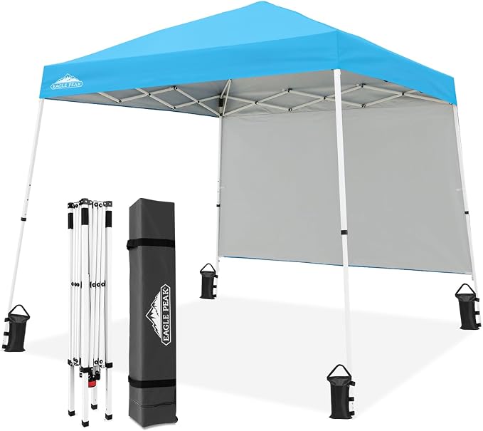EAGLE PEAK 10x10 Pop Up Canopy Tent with Sidewall, Compact, Portable Slant Leg Instant Sun Shelter for Beach, Sports, & Camping, 10x10 Base 8x8 Top, Light Blue